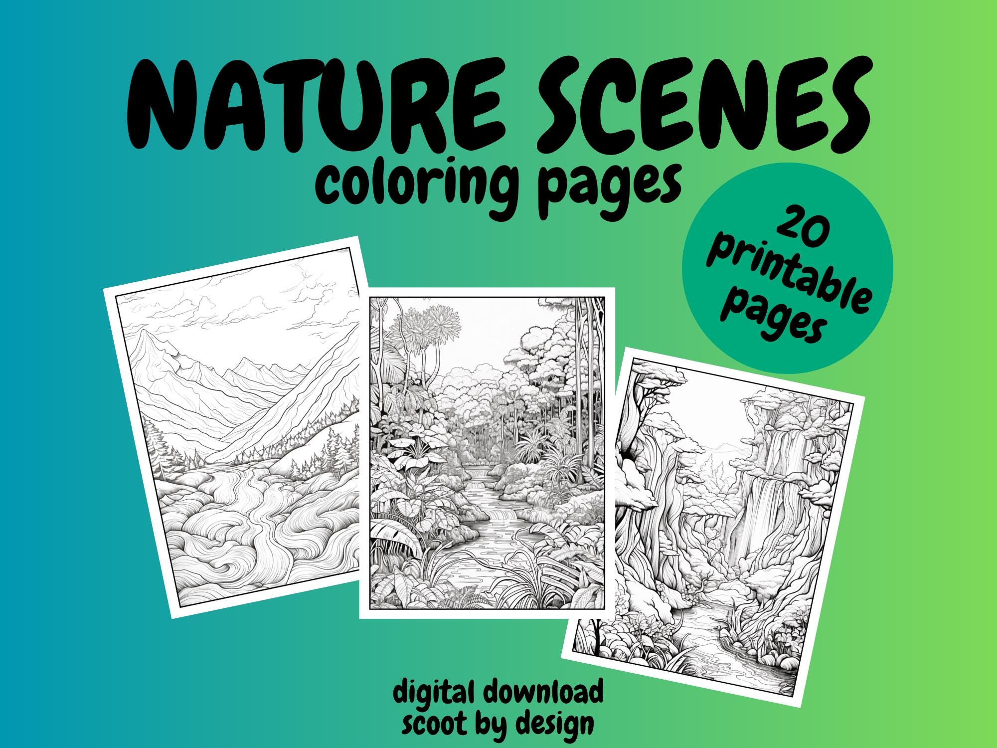 Nature Scenes Coloring Pages, Nature Coloring Pages for Kids, Digital Download, Fun Activity, Relaxing Coloring Activity.