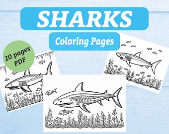 Op de afbeelding: Een set van 20 printbare kleurplaten met haaien in een onderwateromgeving. De pagina's zijn zwart-wit en bevatten gedetailleerde illustraties van haaien die zwemmen tussen zeewier en vissen.