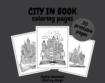 City in a Book – Printable Coloring Pages | Urban Fantasy Coloring Sheets | Digital Download | Whimsical World Coloring Pages City in Book