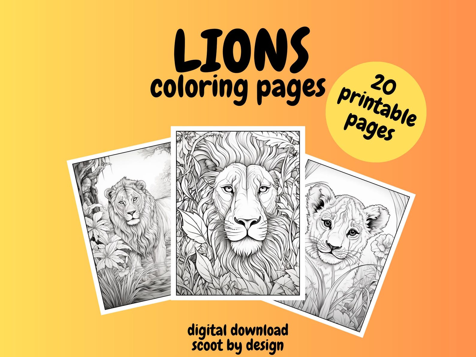 Lions Coloring Pages, Lion Coloring Pages for Kids and Adults, Digital ...