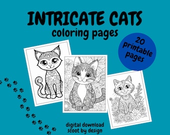 Intricate Cats Coloring Pages, Coloring Pages for Kids and Adults, Digital Download, Fun Activity, Great for Cat Lovers, Cat Coloring