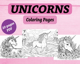 Unicorn Coloring Pages, 20 Printable Unicorn Coloring Pages, Cute Coloring Pages, For Kids and Adults, Digital Download, Coloring Pages