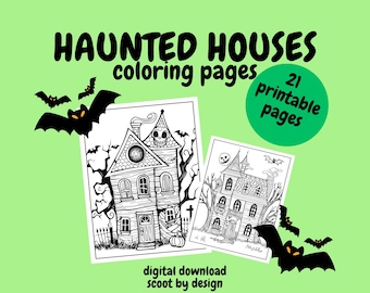 Haunted Houses Coloring Pages, Halloween Coloring Pages for Kids and Adults, Fun Activity, Spooky Halloween Coloring Activity.