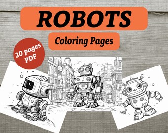 Könnte beinhalten: Ein Set mit 20 druckbaren Malvorlagen mit Robotern in verschiedenen Posen. Die Seiten sind perfekt für Kinder, die Roboter und Malen lieben.