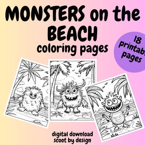 Monsters on the Beach Coloring Pages, Monster Coloring Pages for Kids and Adults, Digital Download, Fun Activity, Cute Monsters to Color