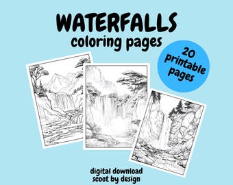 Watervallen Kleurplaten | Afdrukbare natuurkleurplaten | Ontspannende kleurplaten voor volwassenen en kinderen | Directe digitale download