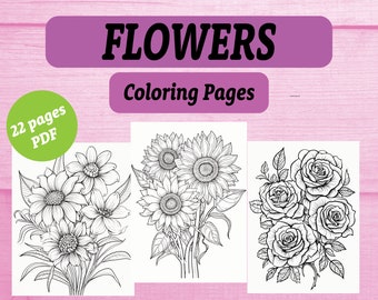 Blumen-Malvorlagen, Blumen-Malblätter, Malvorlagen für Kinder, Malseiten für Erwachsene, lustige Aktivität, sofortiger Download, 22 Seiten