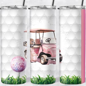 Mujer golfista, carrito de golf rosa, PNG, golf para mujeres, archivo de sublimación para vaso, envoltura para vaso digital, PNG digital de 20 oz