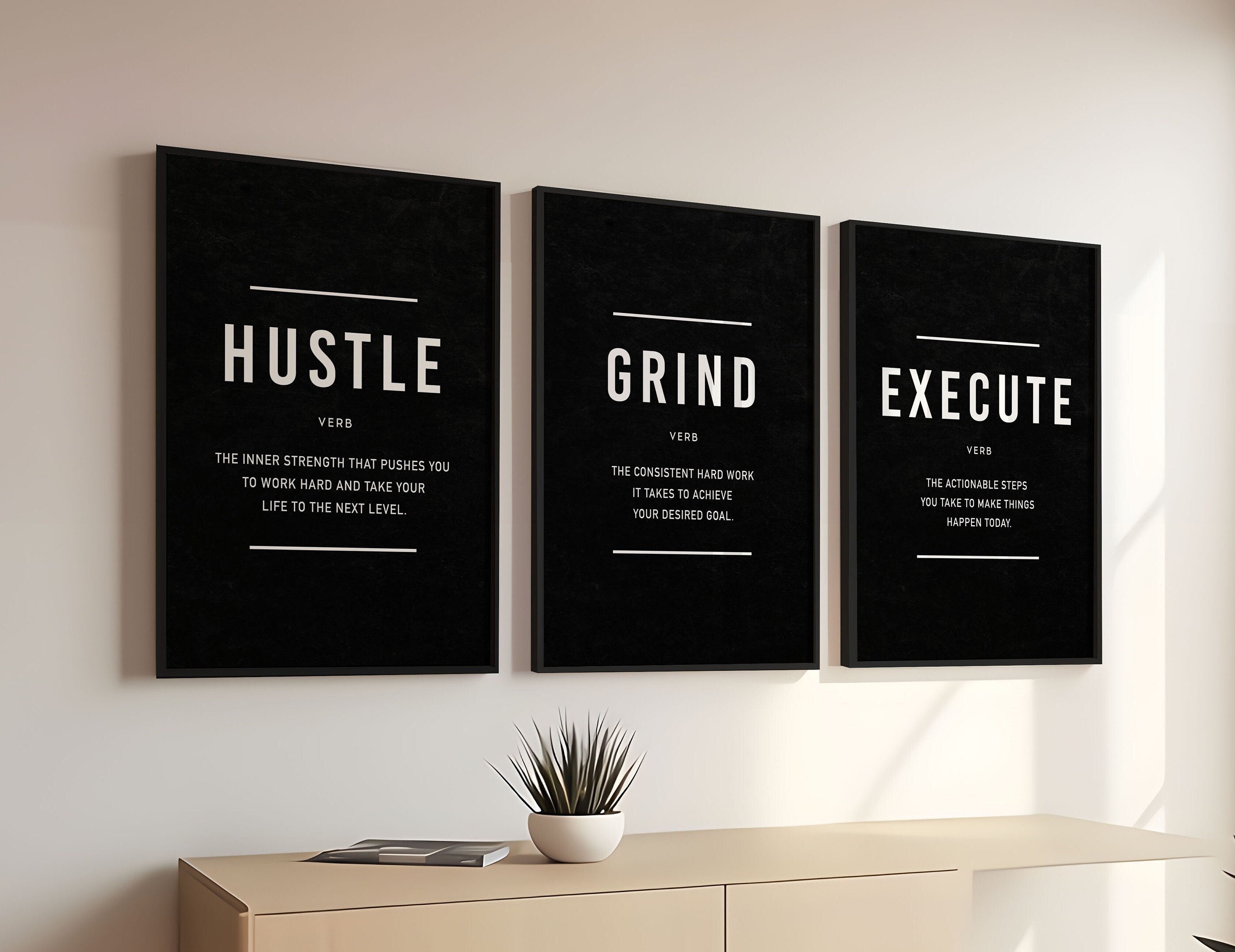 Hustle Grind Execute, Décoration murale inspirante – Toile encadrée pour décoration de bureau, affiche de citation, art mural de bureau, grande affiche blanche, art mural de motivation positive, 30,5