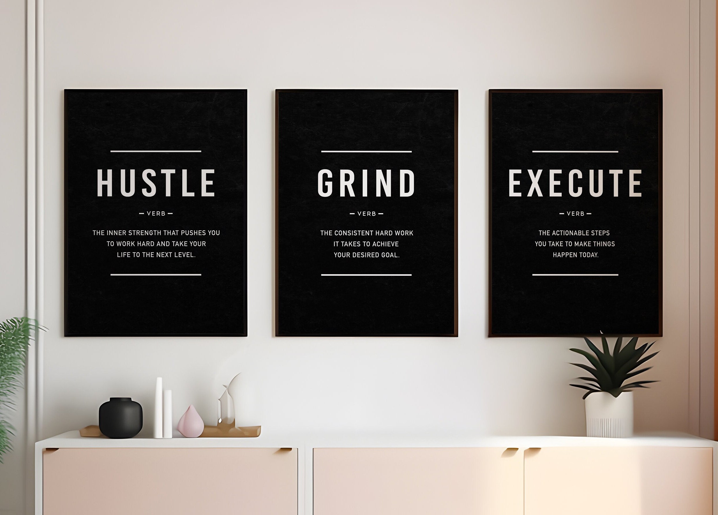 Motivational 3 Piece Set Wall Art, Hustle Grind Execute Prints ...