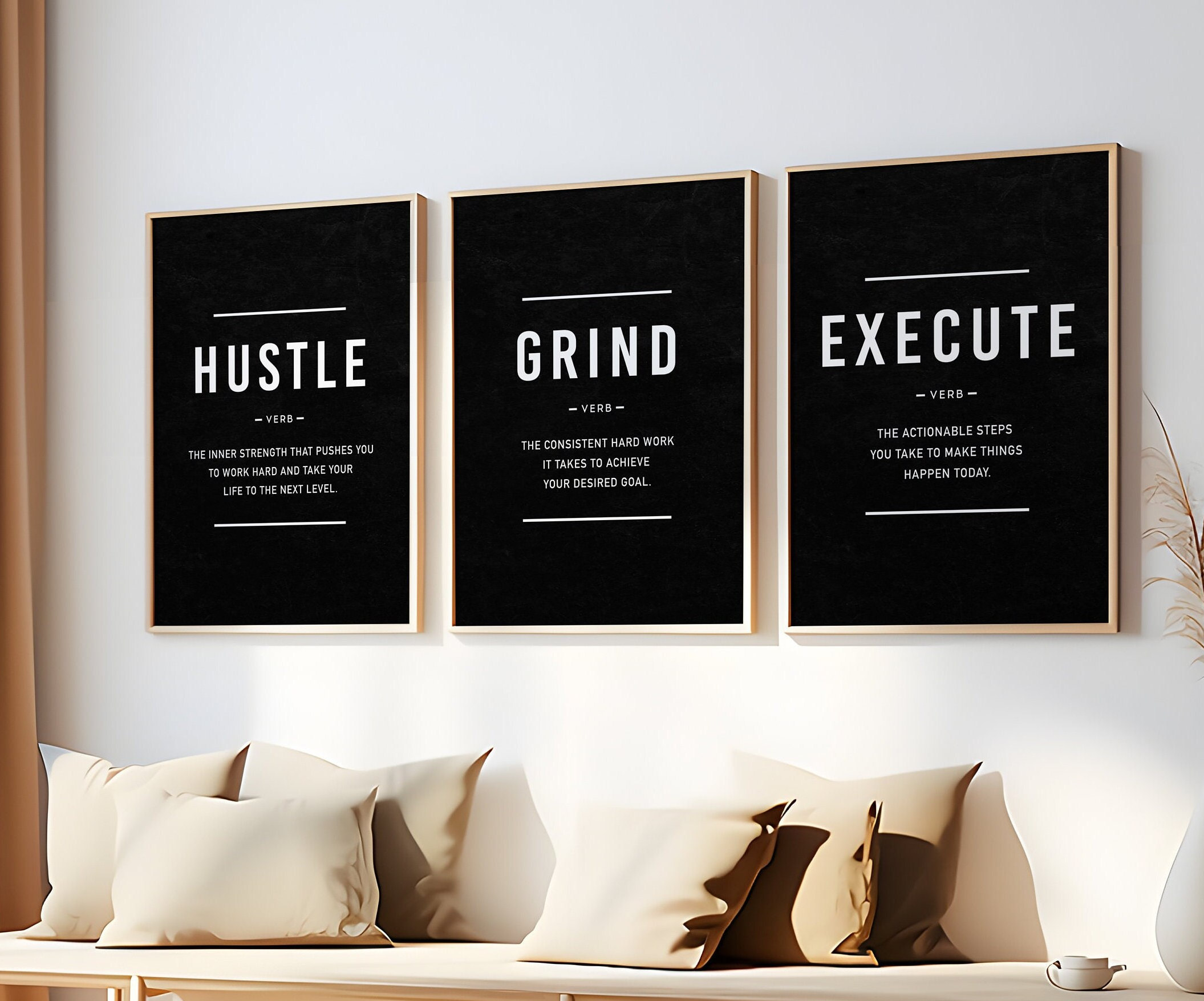 Motivational 3 Piece Set Wall Art, Hustle Grind Execute Prints ...