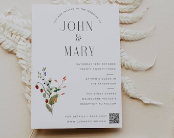 Plantilla de invitación de boda con flores silvestres / Floral bohemio con código QR (descarga digital)