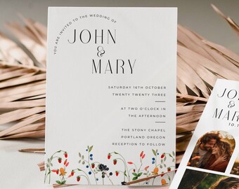 Invitación de boda con foto de flores silvestres / Código QR, Primavera Boho (Descarga digital)
