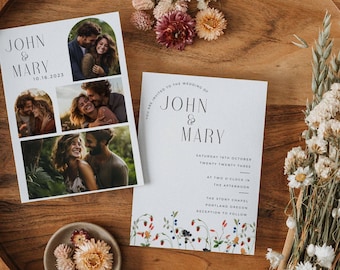 Invitación de boda con foto de flores silvestres / Floral bohemio (Descarga digital)