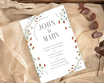 Invitación de boda con diseño de flores silvestres / Invitación con foto y código QR (Descarga digital)