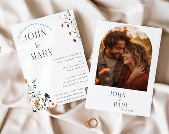 Invitación de boda con diseño de flores silvestres / Collage de fotos, código QR (descarga digital)