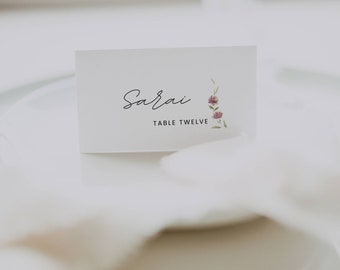 Plantilla para tarjeta de lugar de boda con flores silvestres / Tarjetas de lugar florales plegadas (descarga digital)