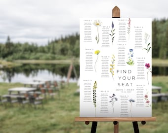 Plantilla de plano de asientos para boda con flores silvestres / Letrero botánico (Descarga digital)