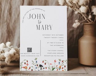 Invitación de boda con flores silvestres, foto y código QR (descarga digital)