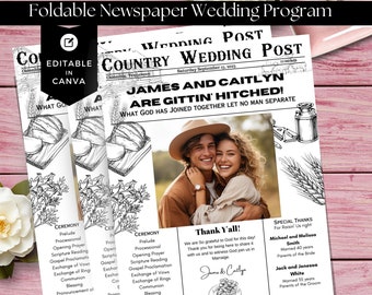 Plantilla de programa de periódico para bodas campestres / Boda cristiana (Descarga digital)