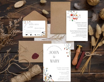 Plantilla de invitación de boda con flores silvestres y jardín botánico (descarga digital)