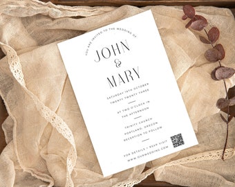 Plantilla minimalista de invitación de boda con código QR / Collage de fotos (descarga digital)