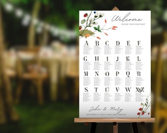 Plano de asientos para bodas con flores silvestres / Letrero alfabético (Descarga digital)