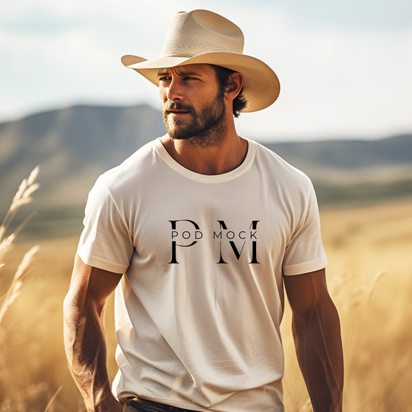 Cowboy White Tshirt Mockup, Men's Western Themed White Bella Canvas 3001 Cotton T-Shirt Mock-up, Rugged Cowboy in Field Tee Mockup