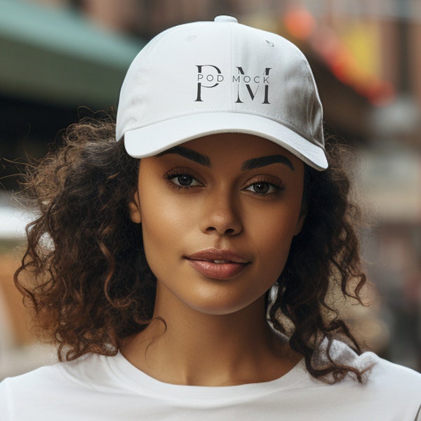 Women's Baseball Cap Mockup, Dad Hat Mockup, White Baseball Hat Mockup, Black Woman Baseball Hat Mockup