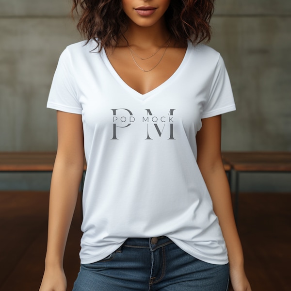 Bella and Canvas 6035 T-shirt Mockup, Woman 6035 T-shirt Mockup, White 6035 T-shirt Mockup, V-neck T-shirt Mockup women