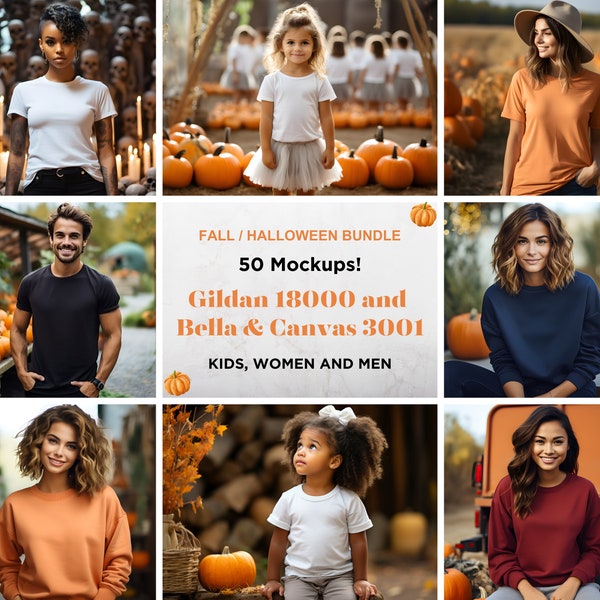 Fall Halloween Tshirt and Sweatshirt Mockup Bundle, Gildan 18000 Halloween Mockup Bundle, Bella Canvas 3001 and 3001T Halloween Fall Mockups