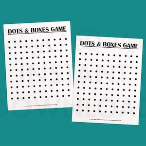 May include: Two white sheets of paper with a grid of black dots, designed for the Dots & Boxes game. The text "DOTS & BOXES GAME" is printed at the top of each sheet in a bold, black font. The background is a solid teal color.