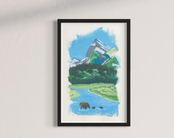 Momma bear and two baby bear cubs walking through a river with mountains and forest in the background.