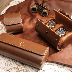 Gepersonaliseerde leren horlogekast, horlogerol voor 3 horloges, cadeau bruidegom, kerstcadeaus, cadeau voor hem, gepersonaliseerde cadeaus