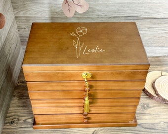 Pine Wood Jewelry Box with Drawers: Locking Jewelry Organizer