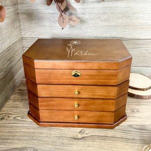 Benutzerdefinierte gravierte Holz Schmuckschatulle mit Schubladen 4 Schublade mehrere Schmuck Organizer Hochzeitsgeschenk für Mama Frauen Schmuck Sammlung