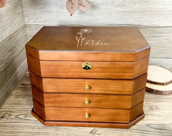 Custom Engraved Wooden Jewelry Box with Drawers 4 Drawer Multiple Jewelry Organizer Wedding Gift for Mom Women's Jewelry Collection