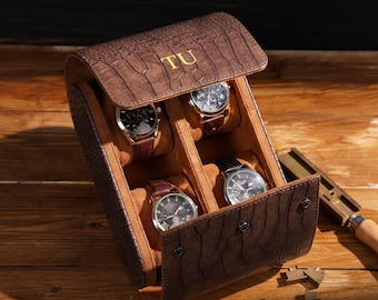 Custom Leather Watch Case for 4 Watches, Travel Watch Roll, Personalized Leather Watch Roll, Gift for Him, Christmas Gifts