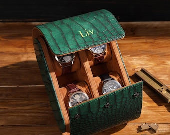 Estuche de piel personalizado para relojes, estuche de viaje para relojes de hombre, estuche enrollable de piel verde de lujo para relojes, caja para 4 relojes, regalo de Navidad