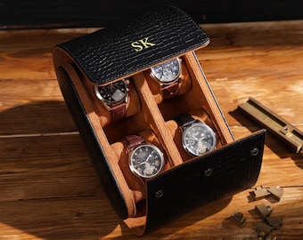 Personalized Leather Watch Box, Travel Watch Roll for 4 Watches, Custom Leather Watch Case for him, Groomsmen Gifts, Gift For Him