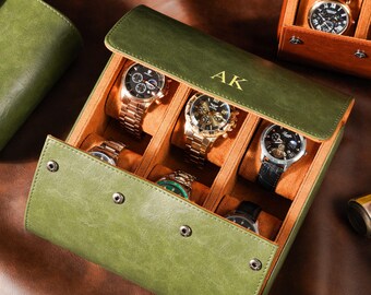 Personalized Dark Green Leather Watch Case, Travel Watch Roll, Watch Storage for 6 Watches, Valentine Gift for him, Gift for Dad