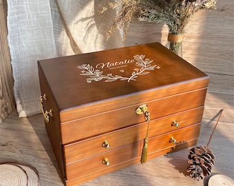 Retro Wooden Jewelry Box, Custom Engrave Jewelry Organizer with Drawers, Suede Jewelry Box, Anniversary Gift for Her, Gift for Mom