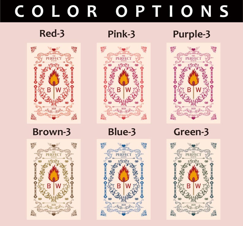 May include: A collection of six rectangular designs, each featuring a central flame within a decorative frame. The designs are in various colors: red, pink, purple, brown, blue, and green. The text "COLOR OPTIONS" is at the top.