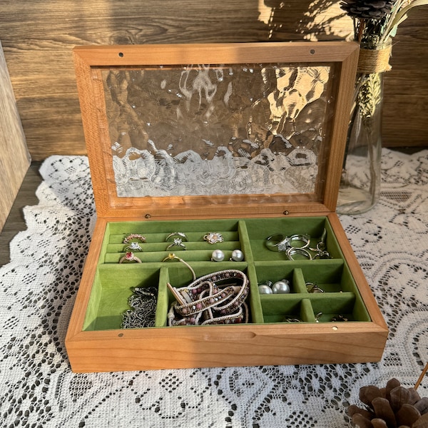 Glass Custom Carved Wooden Jewelry Box Single Level Jewelry Organizer Gift for Her Women's Jewelry Collection Box with Mirror