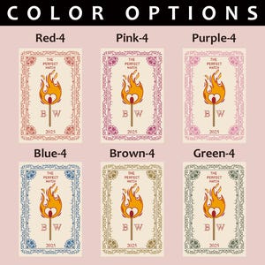 May include: A graphic featuring six rectangular designs with a match and flame illustration. Each design has a different color border and text that reads "THE PERFECT MATCH", "BW", and "2025". The top row features red, pink, and purple borders. The bottom row features blue, brown, and green borders.