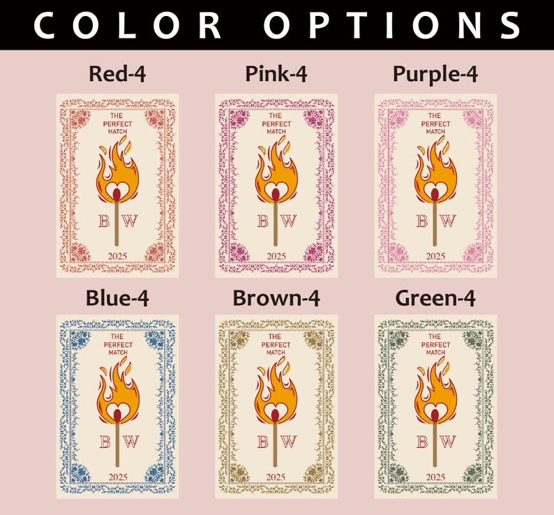 May include: A graphic featuring six rectangular designs with a match and flame illustration. Each design has a different color border and text that reads "THE PERFECT MATCH", "BW", and "2025". The top row features red, pink, and purple borders. The bottom row features blue, brown, and green borders.
