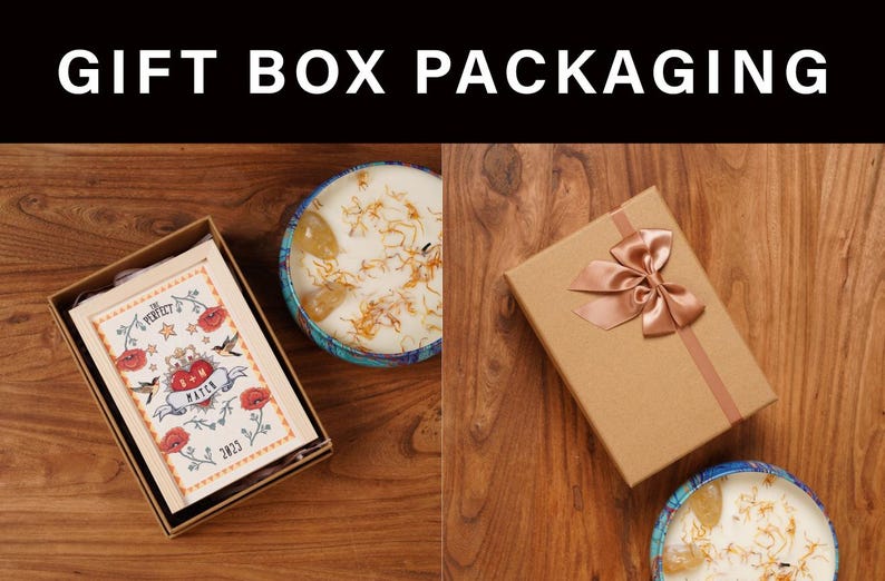 May include: The image shows gift box packaging with a brown box tied with a ribbon, a box with a card, and two candles. The card in the box has the text "THE PERFECT MATCH" with a heart and floral design. The text "GIFT BOX PACKAGING" is at the top.