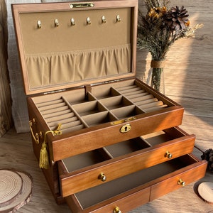 Custom Engraved Wooden Jewelry Box with Drawers 3 Drawer Multiple Jewelry Organizer Wedding Gift Gifts for Her Women's Jewelry Collection image 3