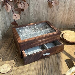 Vintage Glass Custom Walnuss Schmuckschatulle, Doppel Schmuck Aufbewahrungsbox, Geschenke für Mama, Frauen Schmuck Sammler Box, Mama Geschenkidee