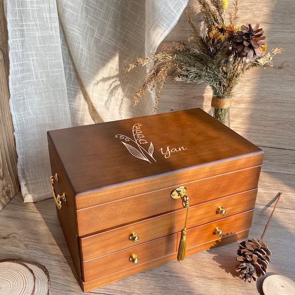 Custom Engraved Wooden Jewelry Box with Drawers 3 Drawer Multiple Jewelry Organizer Wedding Gift Gifts for Mom Women's Jewelry Collection